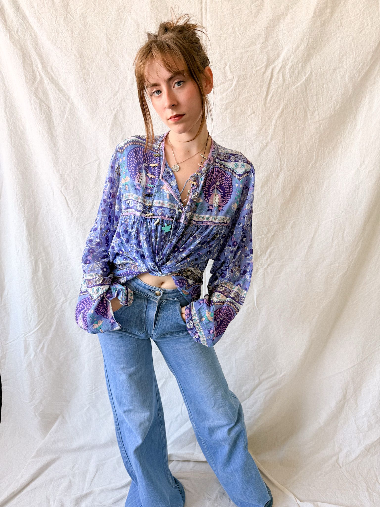 1970s Indian Cotton Gauze Peacock Tunic Dress