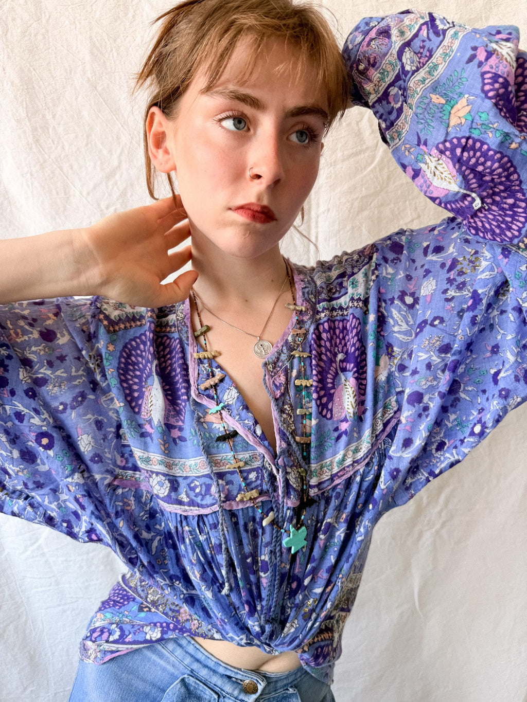 1970s Indian Cotton Gauze Peacock Tunic Dress