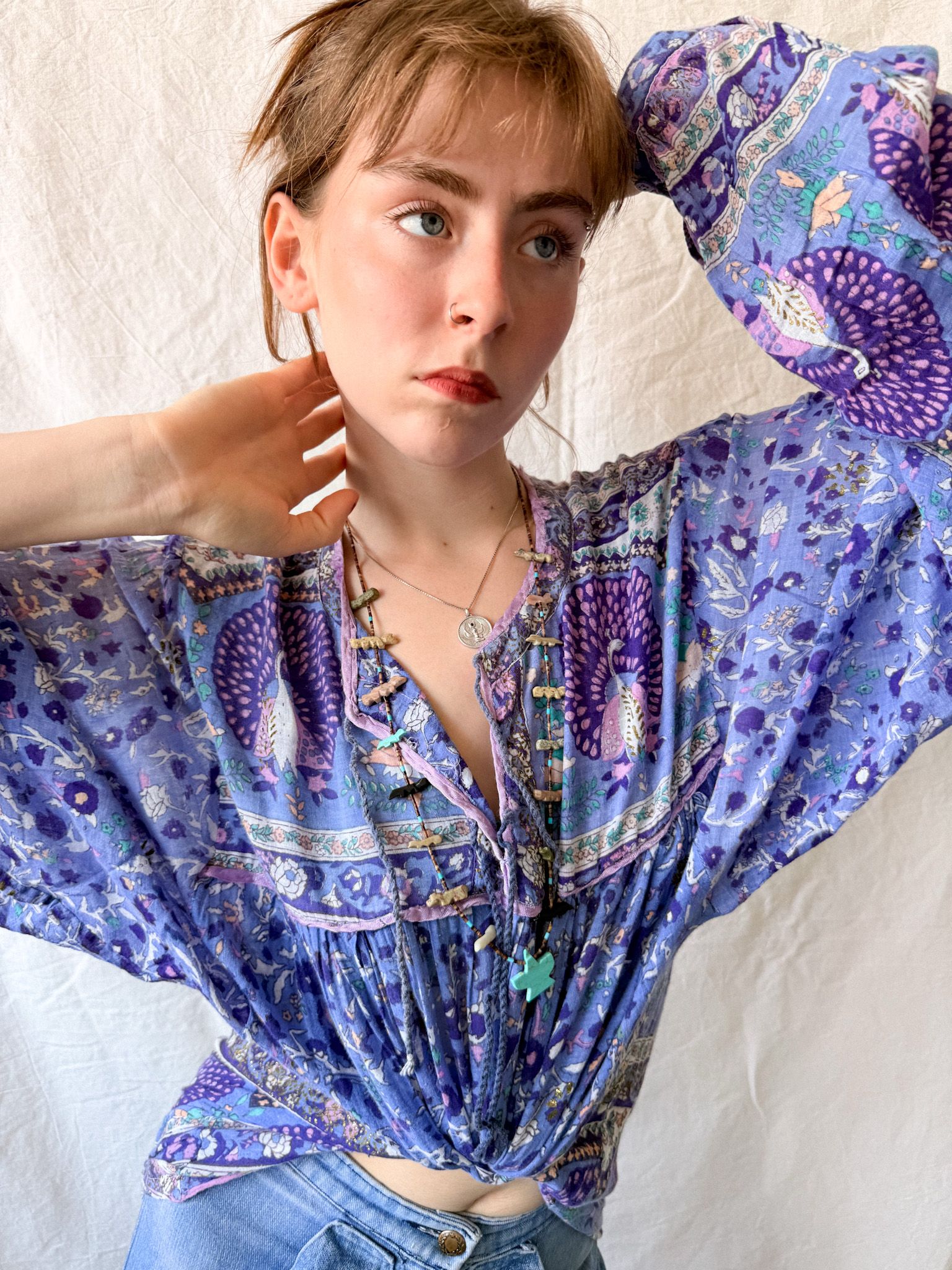 1970s Indian Cotton Gauze Peacock Tunic Dress
