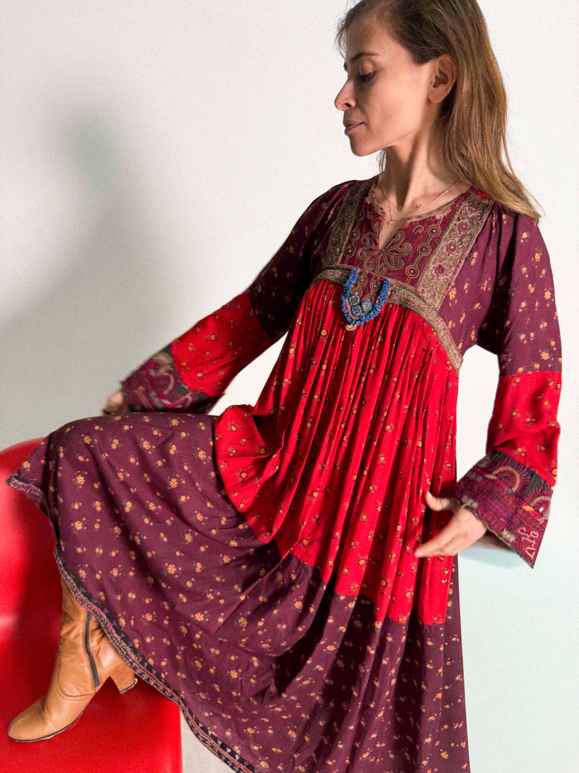1970s Red Afghan Kuchi Dress