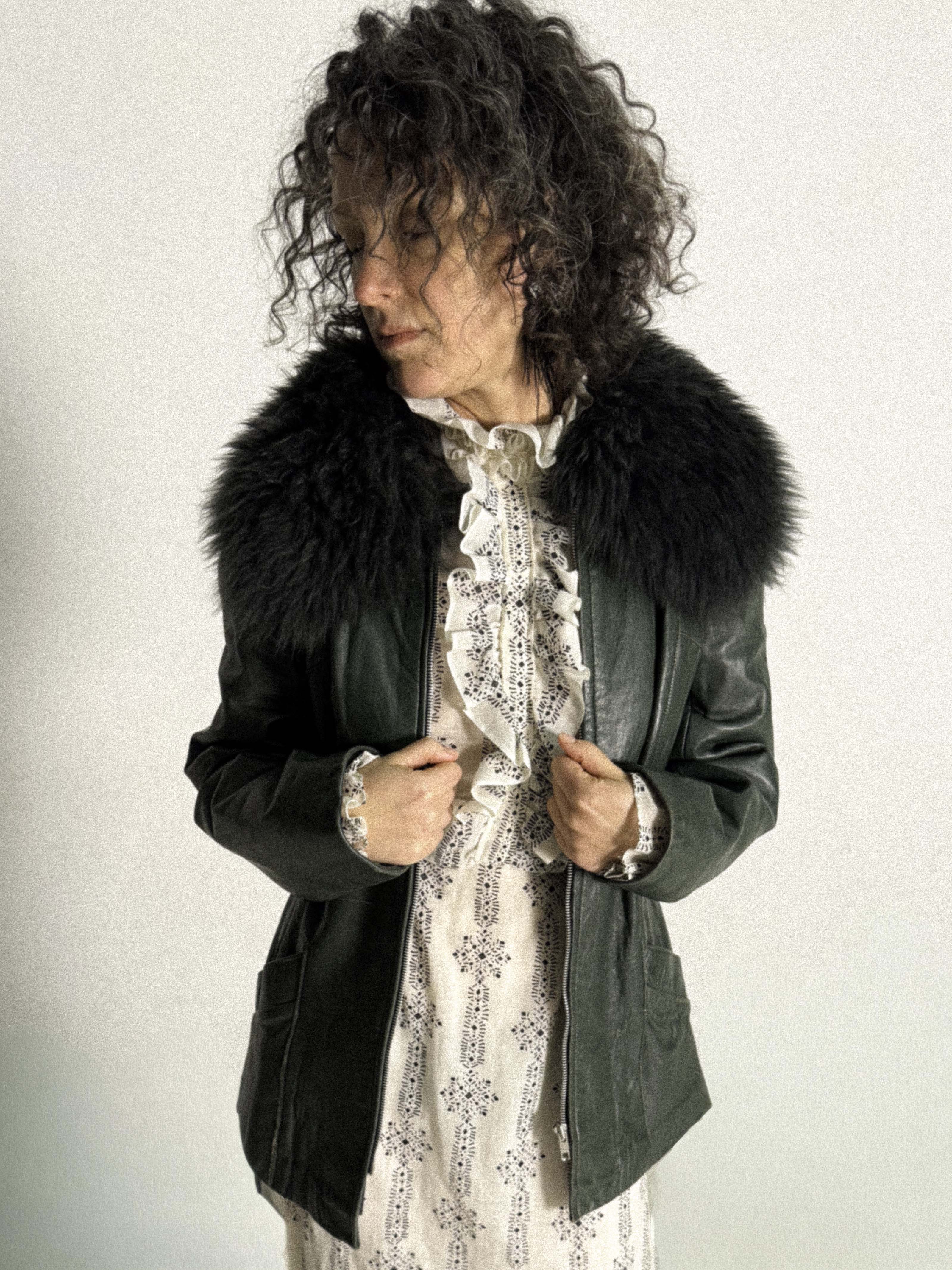 1970s Long Pine Green Leather Jacket with Fur Collar