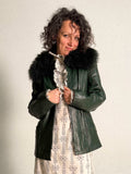 1970s Long Pine Green Leather Jacket with Fur Collar