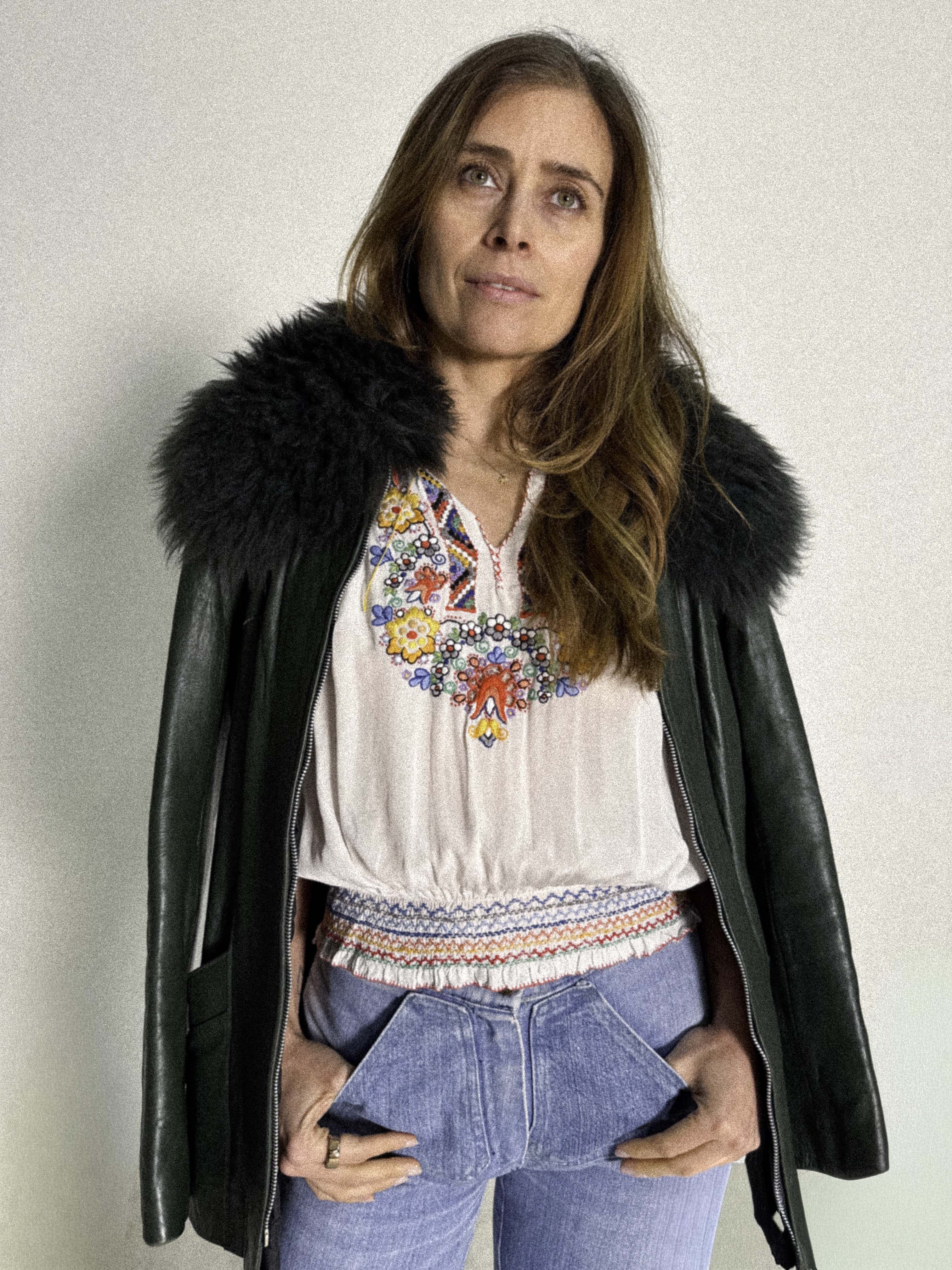 1970s Long Pine Green Leather Jacket with Fur Collar