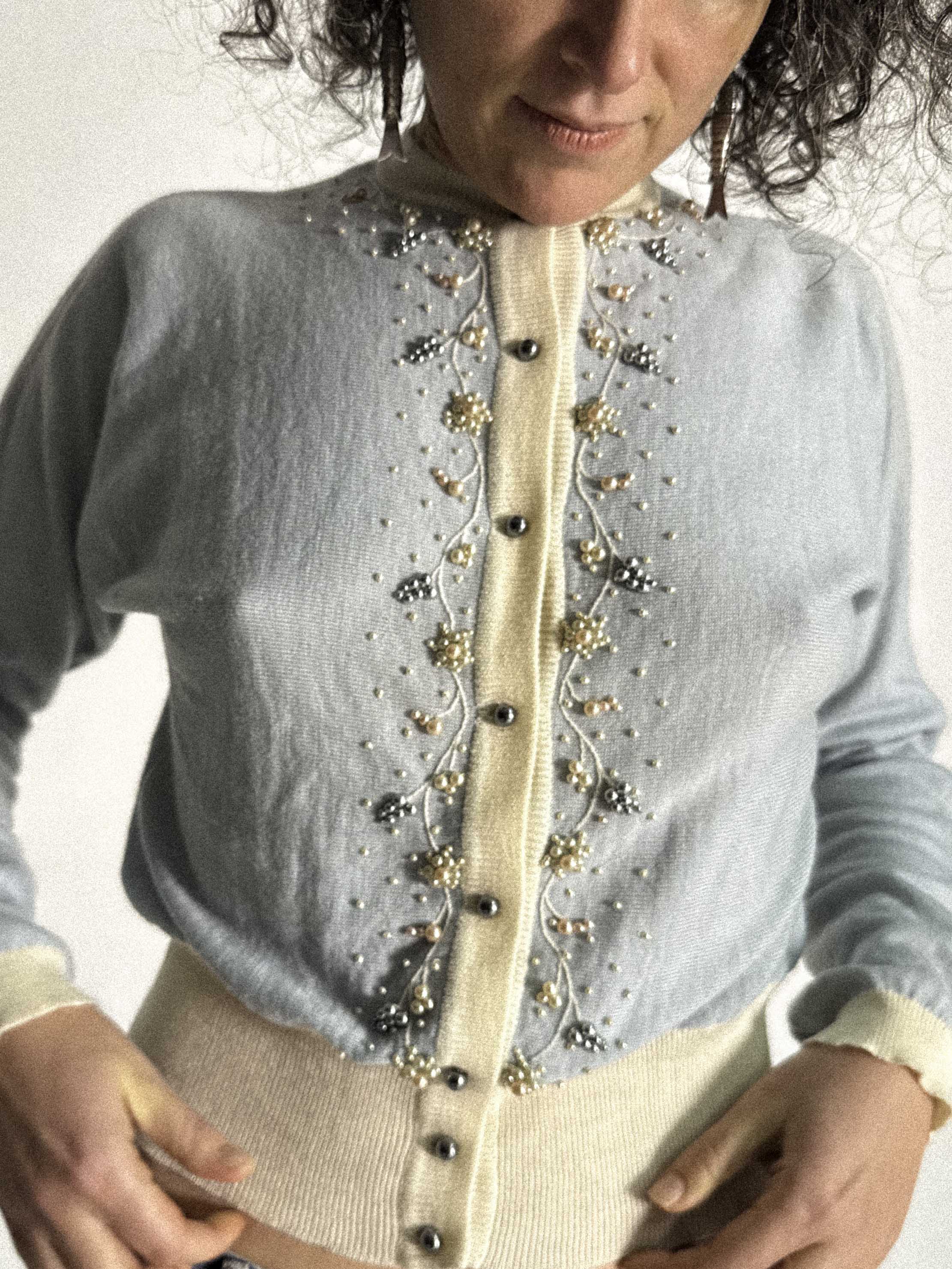 Late 1940s / Early 1950s Austrian Beaded Wool Cardigan with Batwing Sleeves