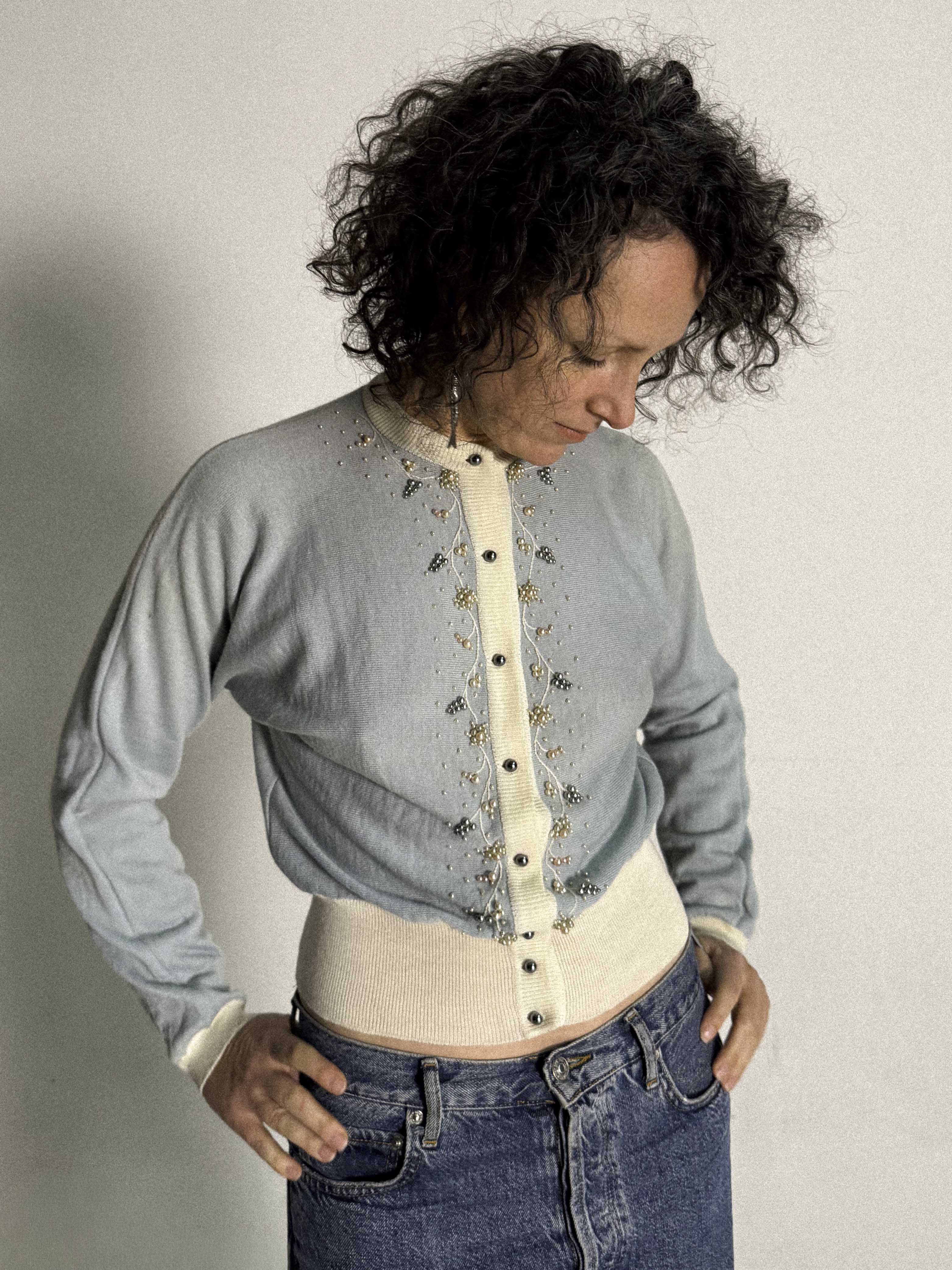 Late 1940s / Early 1950s Austrian Beaded Wool Cardigan with Batwing Sleeves