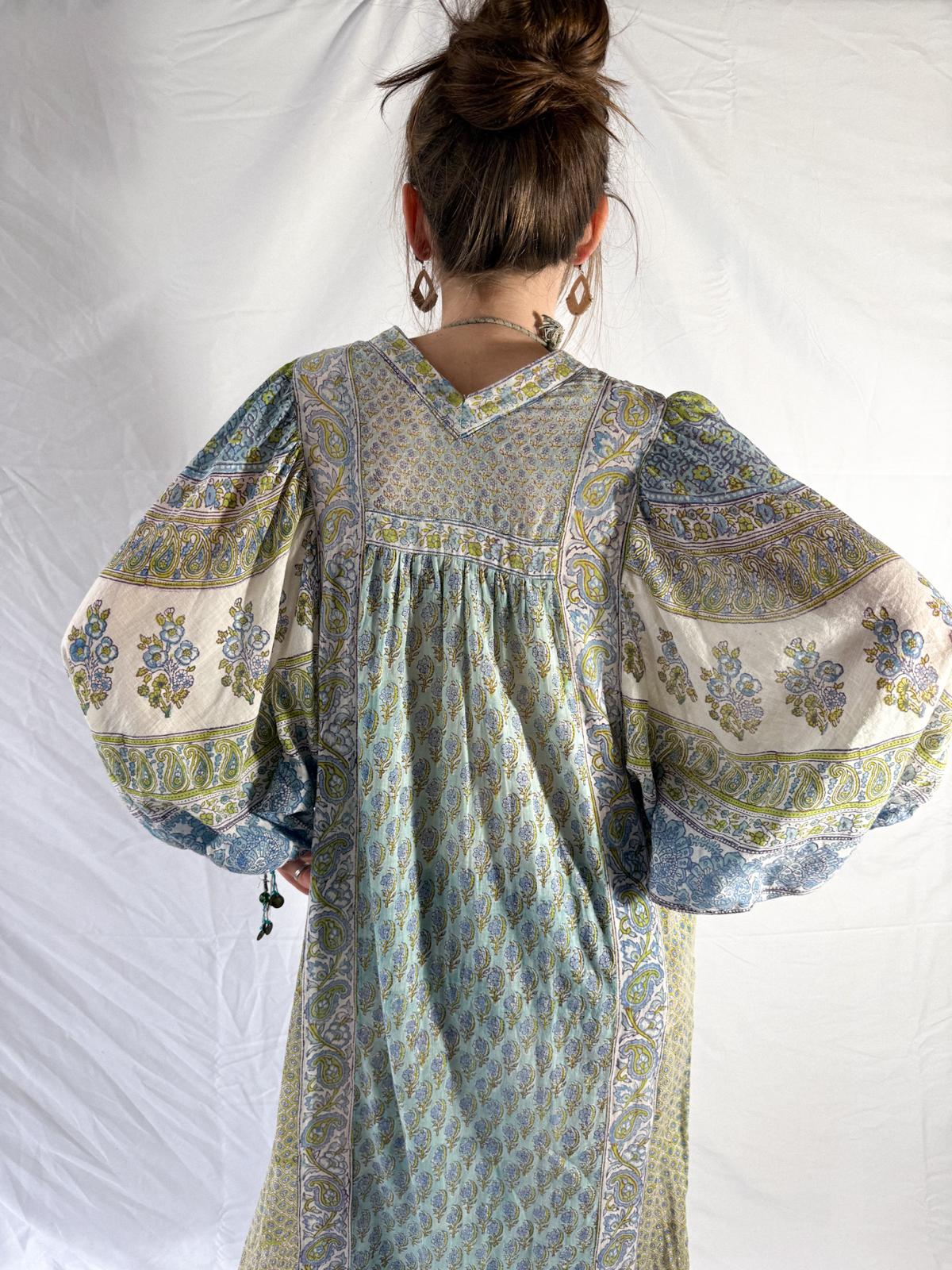 1970s Cotton Gauze Maxi Dress with Extravagant Sleeves