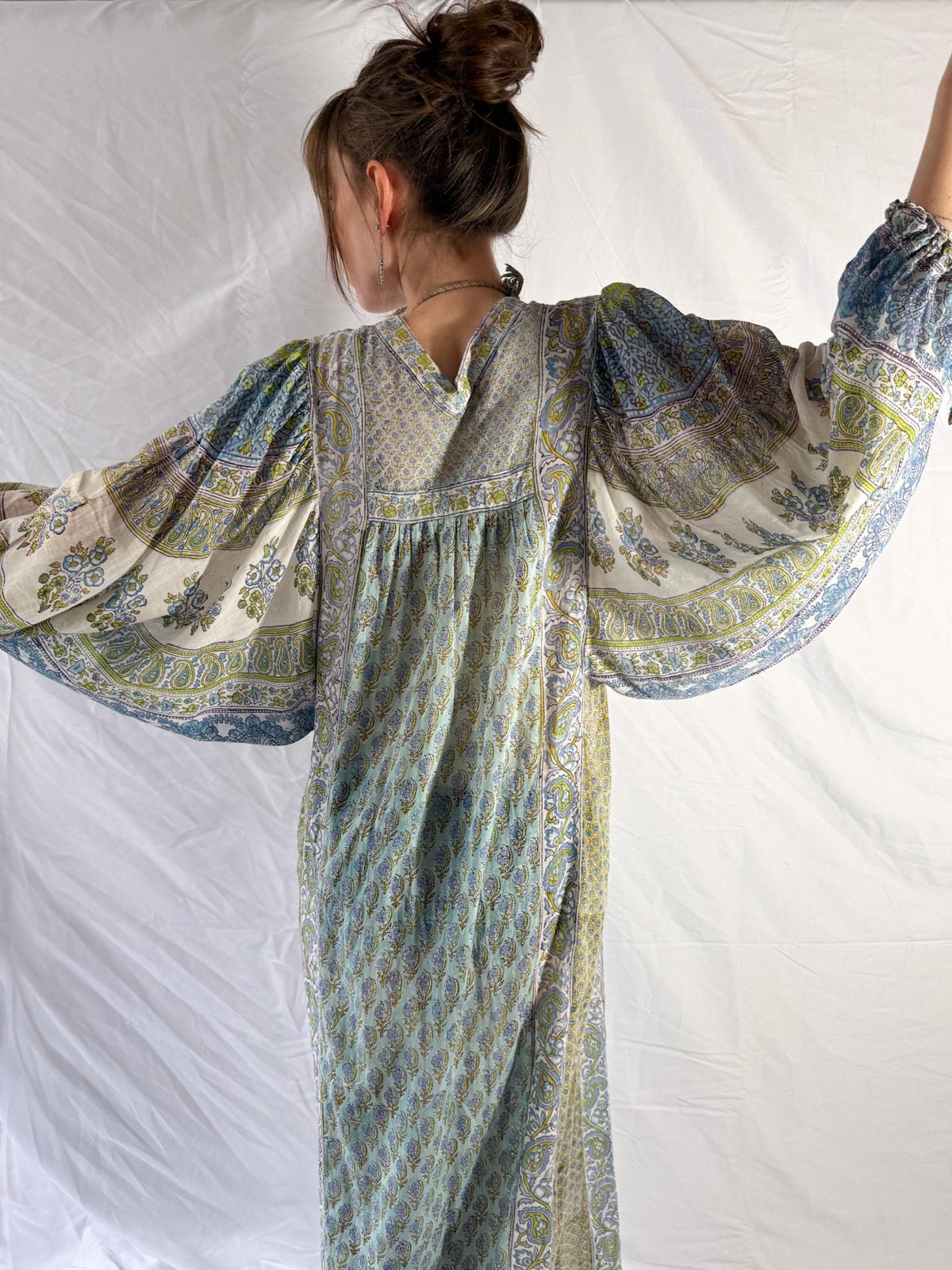 1970s Cotton Gauze Maxi Dress with Extravagant Sleeves