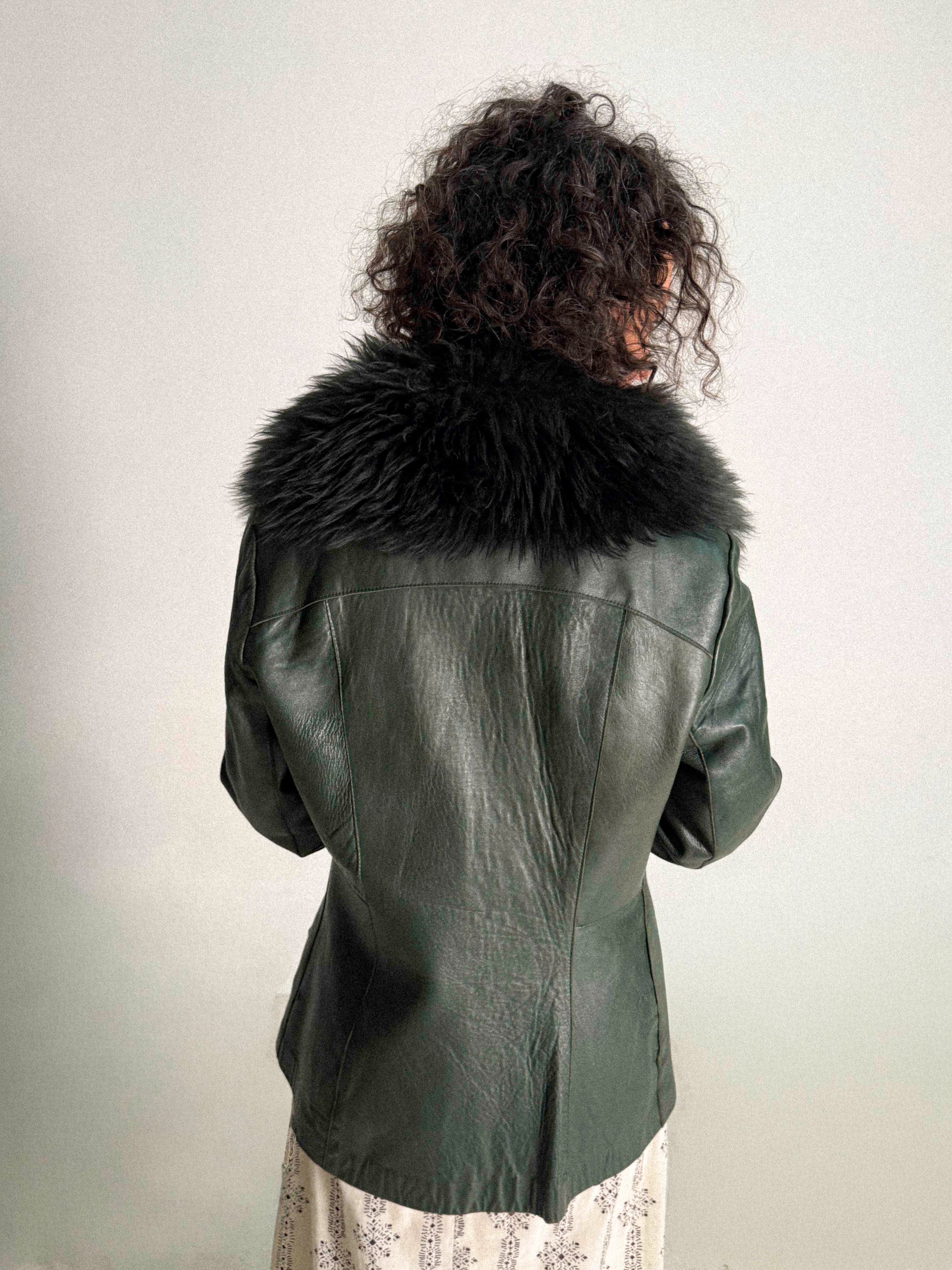1970s Long Pine Green Leather Jacket with Fur Collar