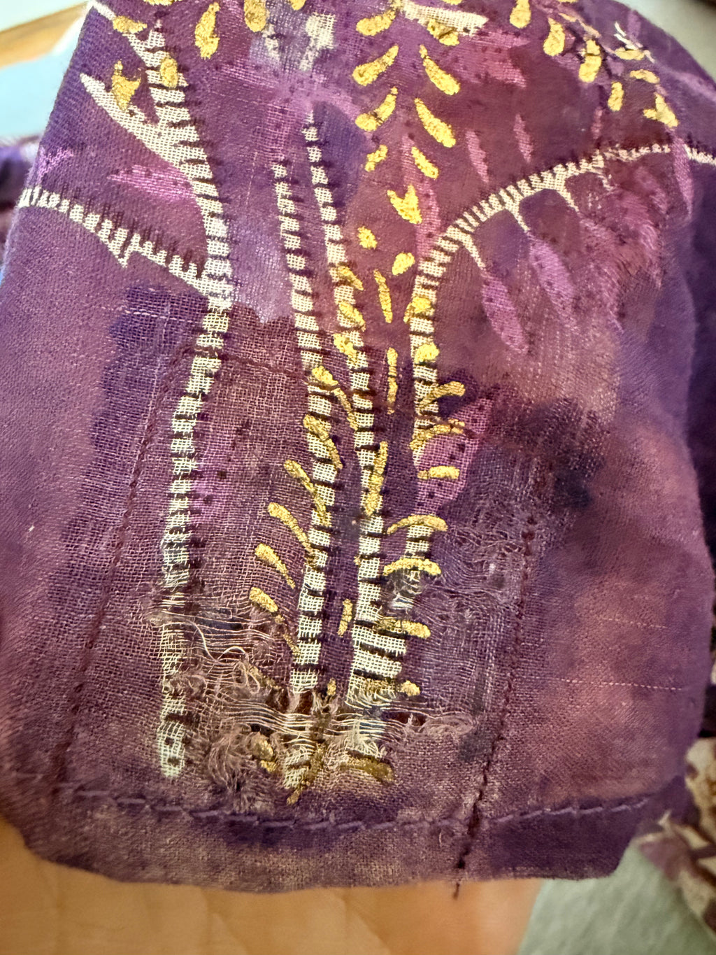 1970s Indian Cotton Gauze Maxi Dress with Tree Print and Gold Stamped Details