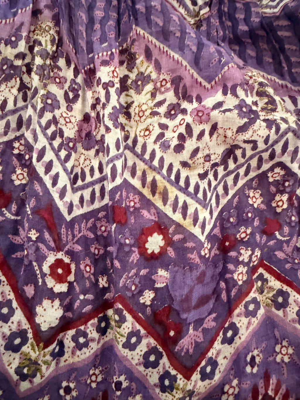 1970s Indian Cotton Gauze Maxi Dress with Tree Print and Gold Stamped Details