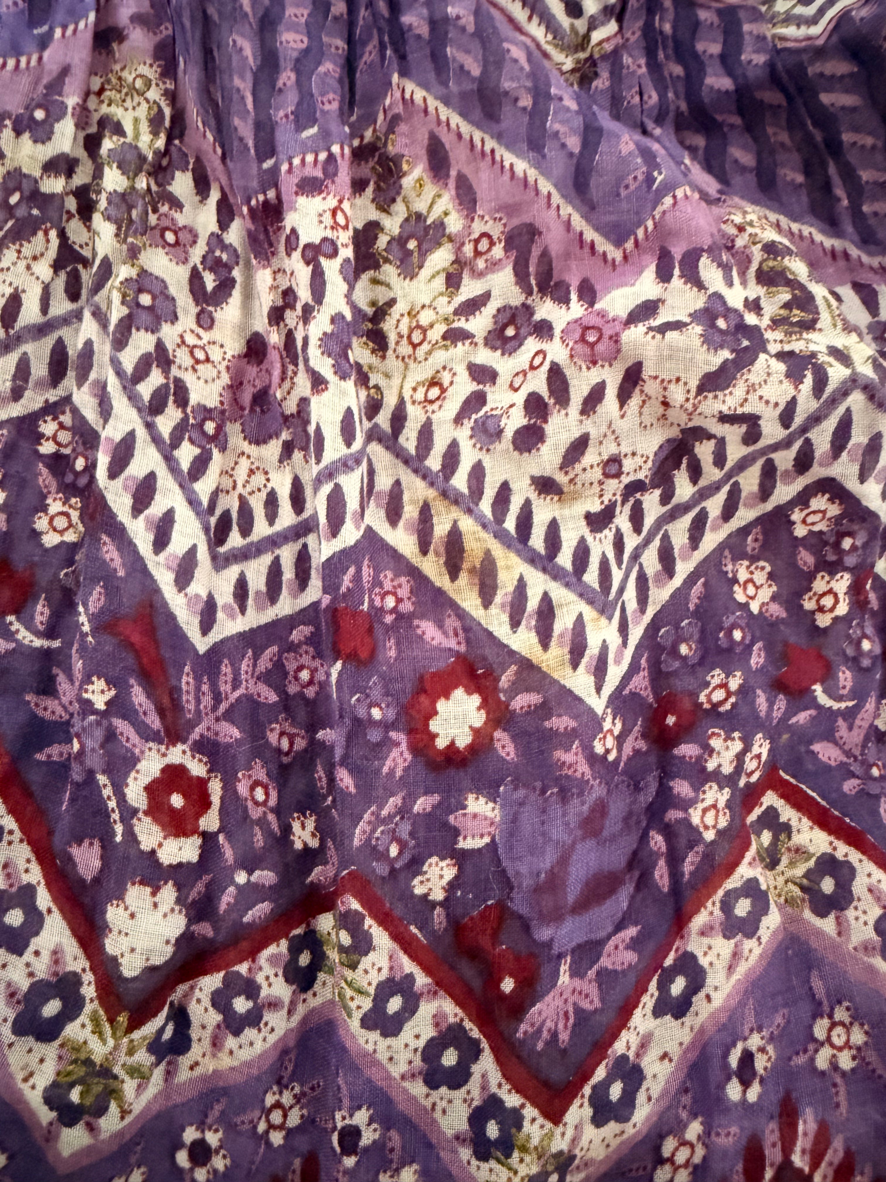 1970s Indian Cotton Gauze Maxi Dress with Tree Print and Gold Stamped Details