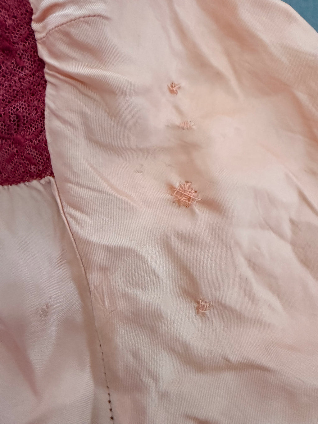 1930s Handmade Peach Satin & Embossed Floral Lace Blouse