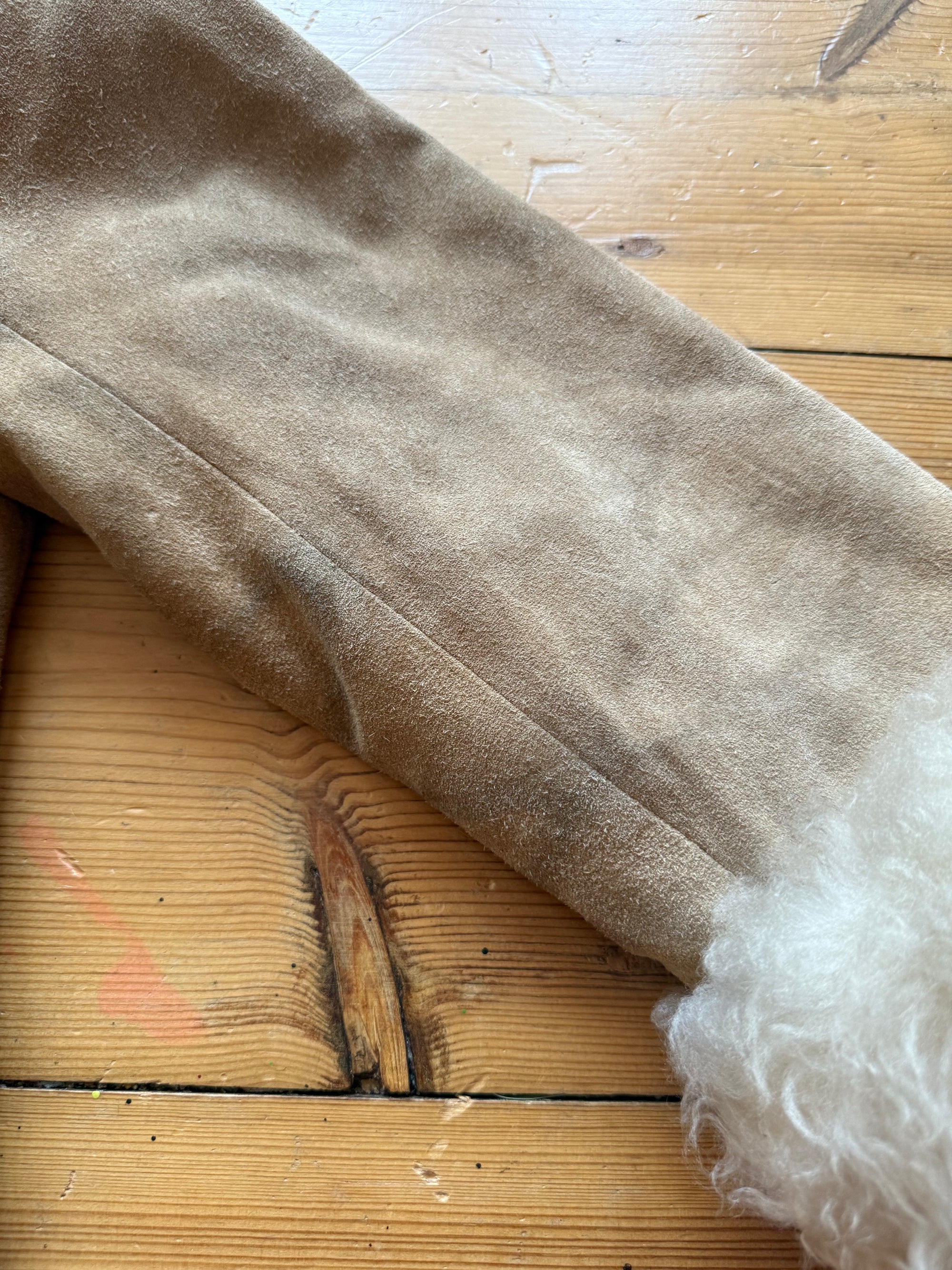 1970s Beige/Tan Suede Penny Lane Coat- Double-Breasted with Fur Collar and Cuffs
