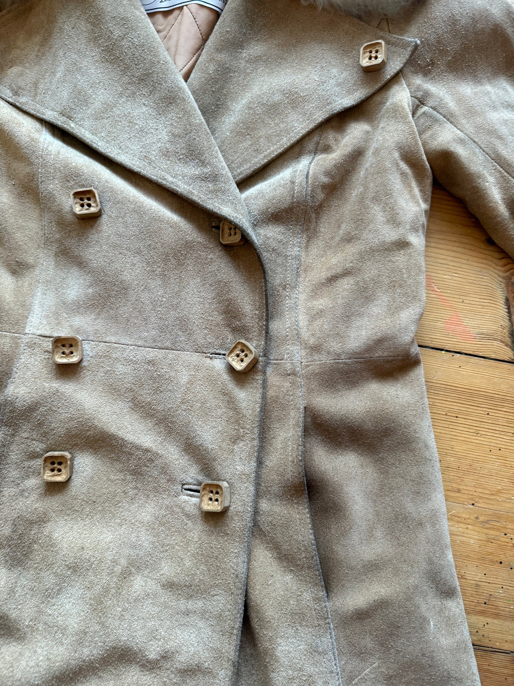 1970s Beige/Tan Suede Penny Lane Coat- Double-Breasted with Fur Collar and Cuffs