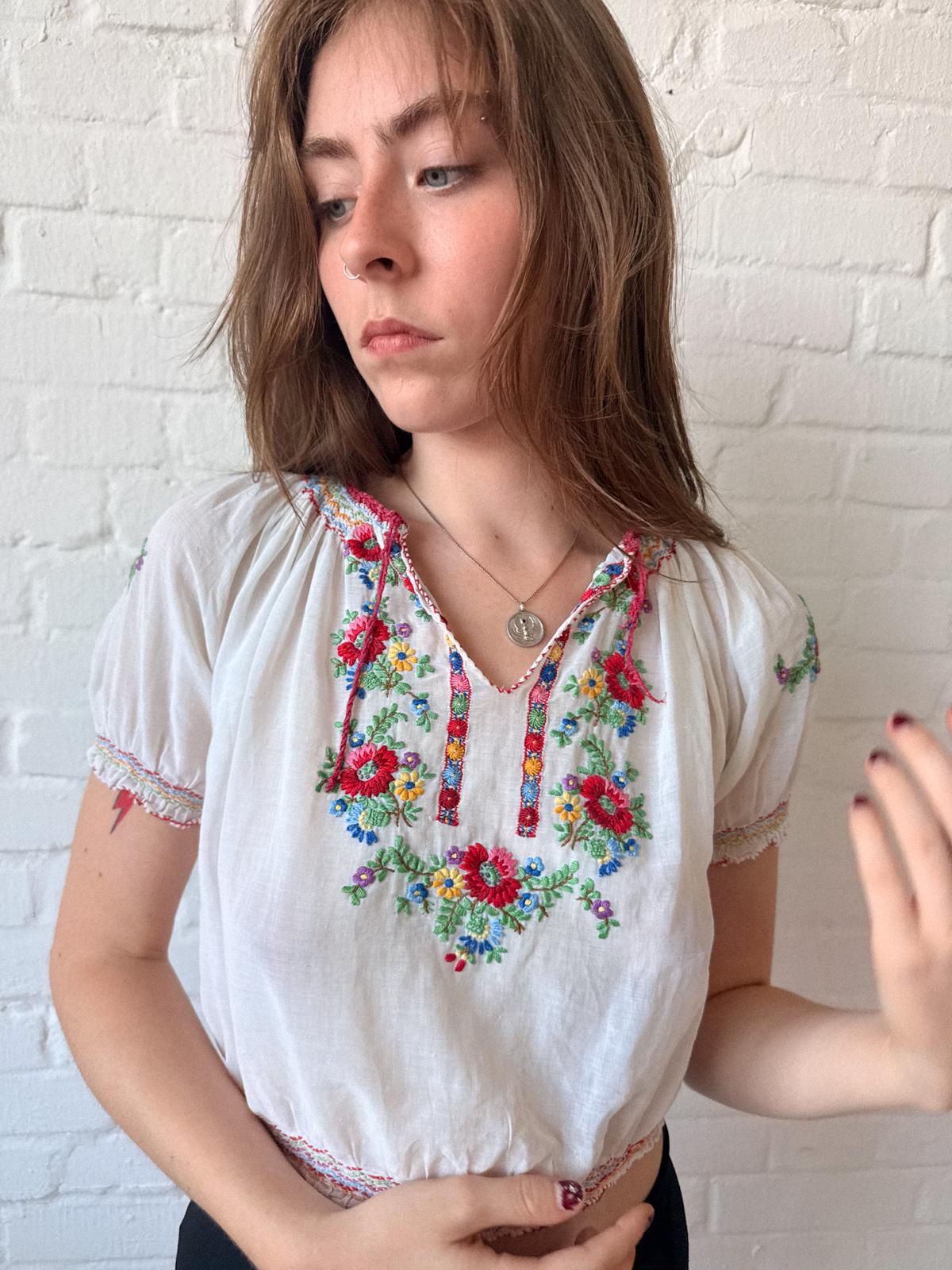 1930s–40s Hand-Embroidered Hungarian Cotton Gauze Folk Blouse