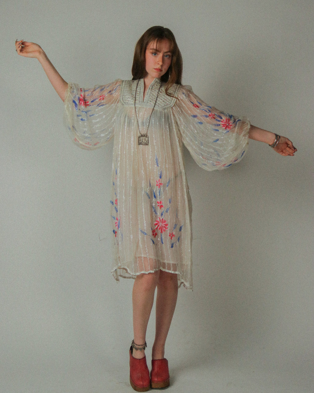 Sheer Embroidered 1970s Bohemian Tunic Dress with Satin Beaded Yoke