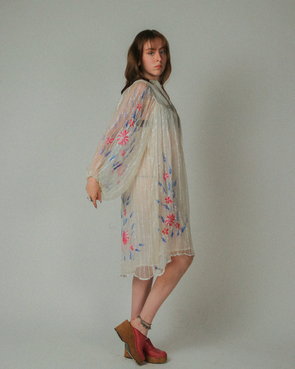 Sheer Embroidered 1970s Bohemian Tunic Dress with Satin Beaded Yoke