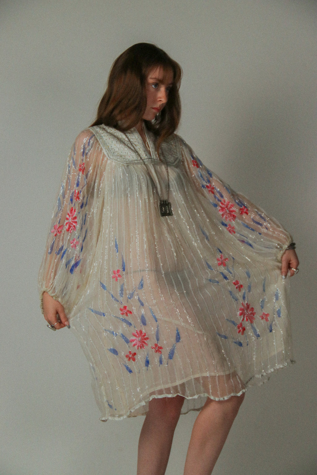 Sheer Embroidered 1970s Bohemian Tunic Dress with Satin Beaded Yoke