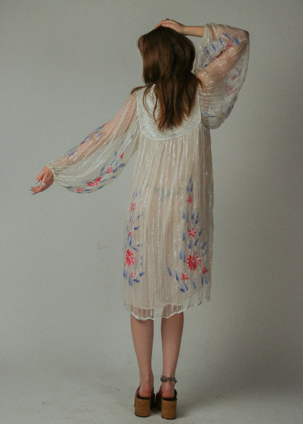 Sheer Embroidered 1970s Bohemian Tunic Dress with Satin Beaded Yoke