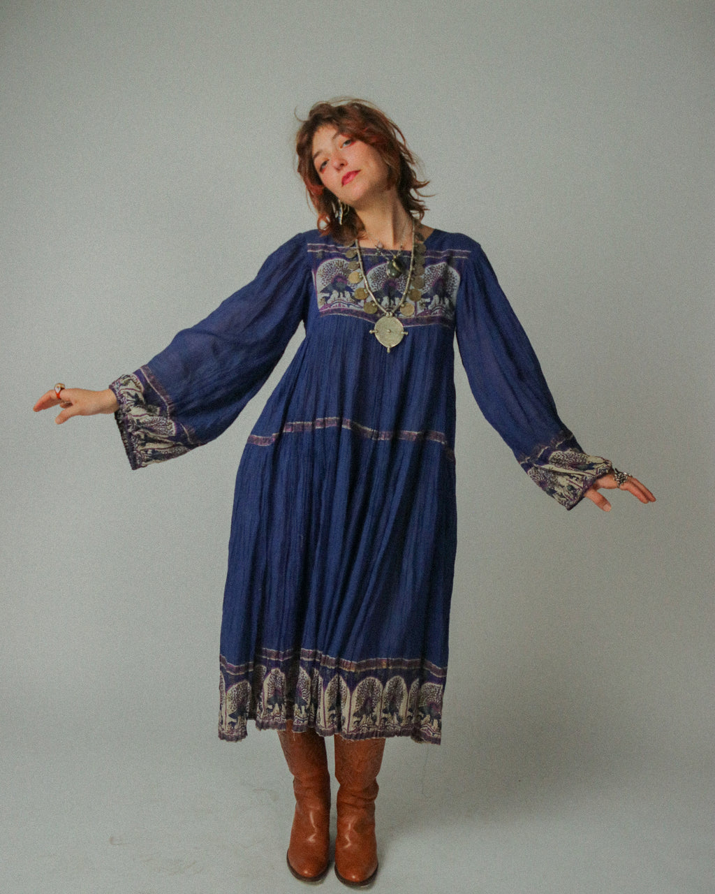 1970s Peacock Cotton Gauze dress