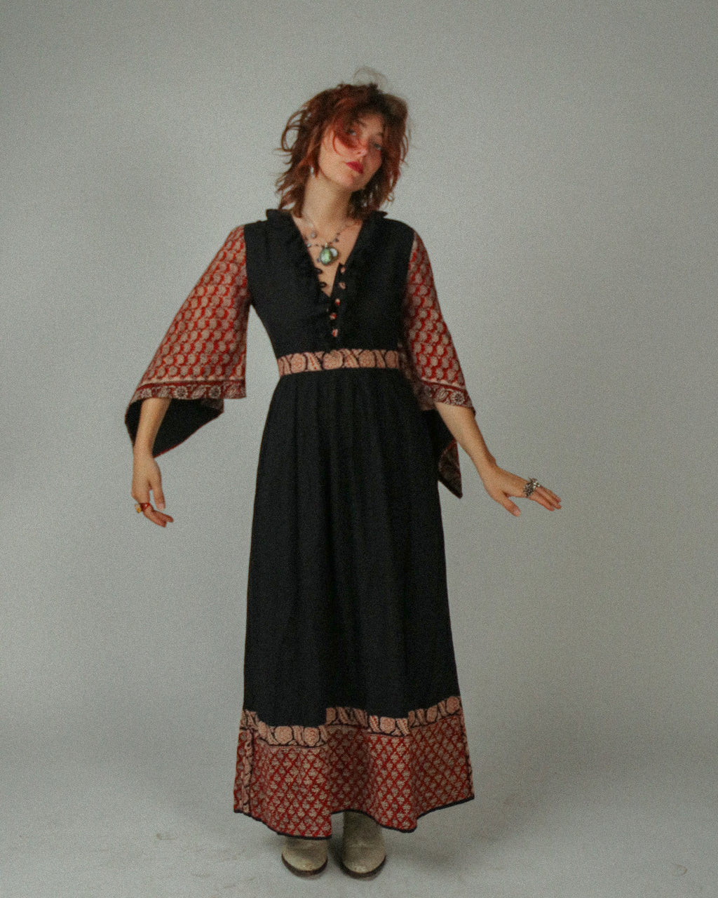 1970s Angel-Sleeved Block Print Maxidress