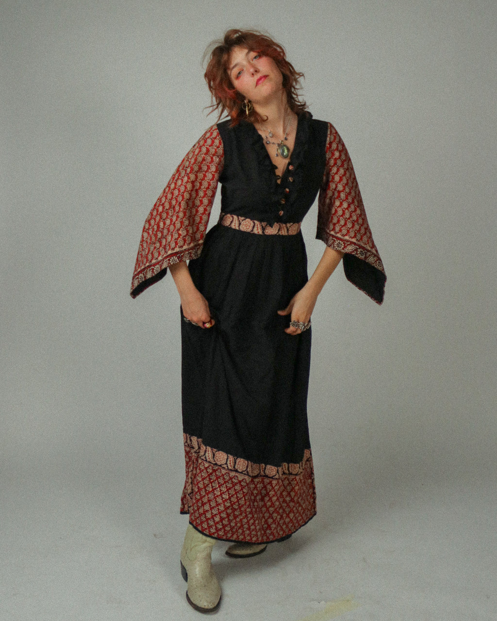 1970s Angel-Sleeved Block Print Maxidress