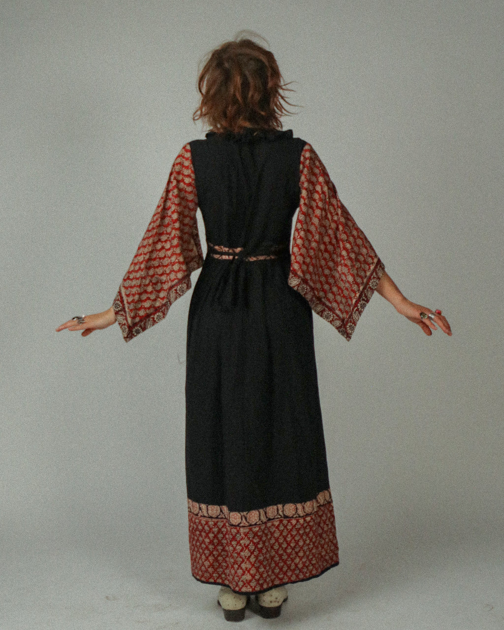 1970s Angel-Sleeved Block Print Maxidress
