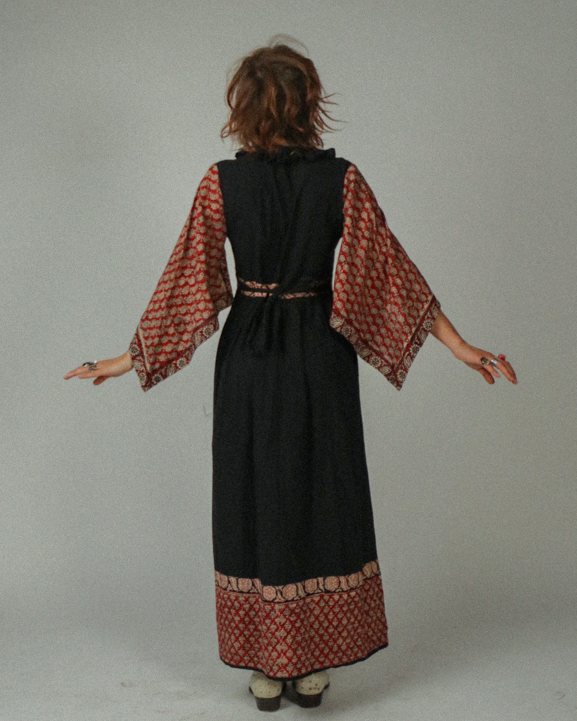 1970s Angel-Sleeved Block Print Maxidress