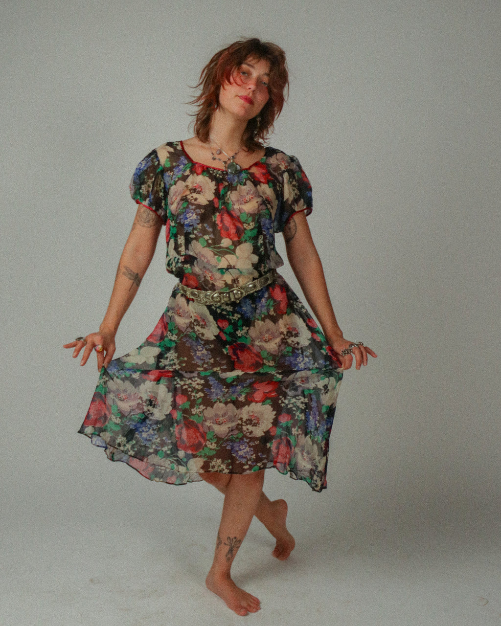 1930s Silk Chiffon Dark Blooms Dress