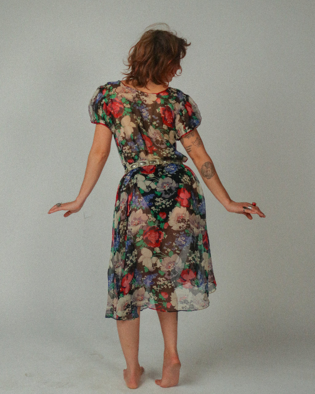 1930s Silk Chiffon Dark Blooms Dress