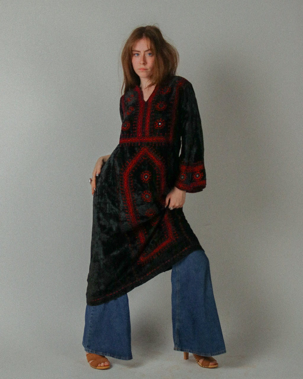 1960s Pakistani Embellished Velvet Caftan Dress