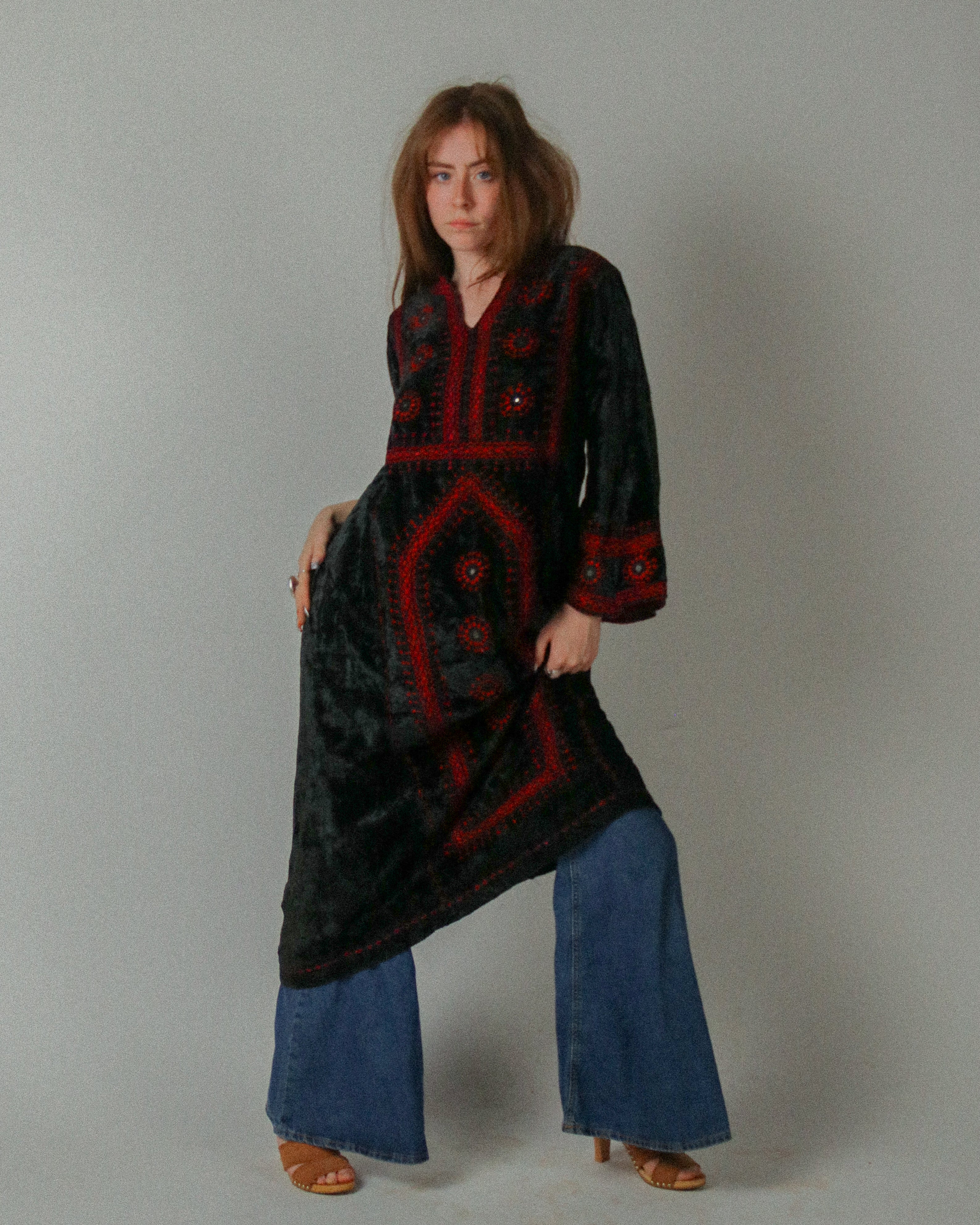 1960s Pakistani Embellished Velvet Caftan Dress