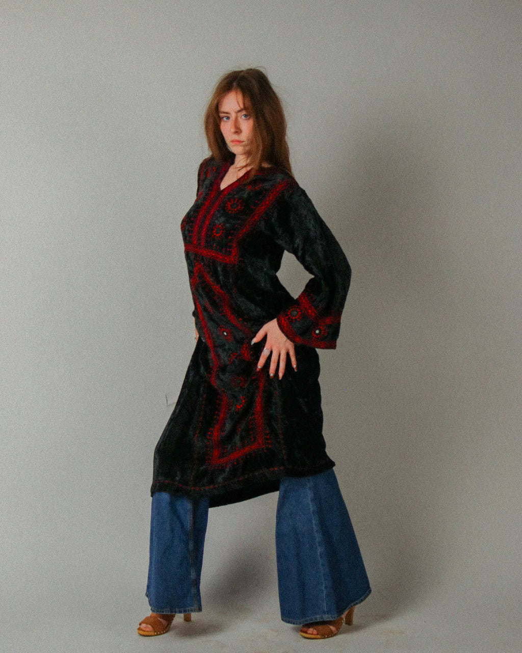 1960s Pakistani Embellished Velvet Caftan Dress