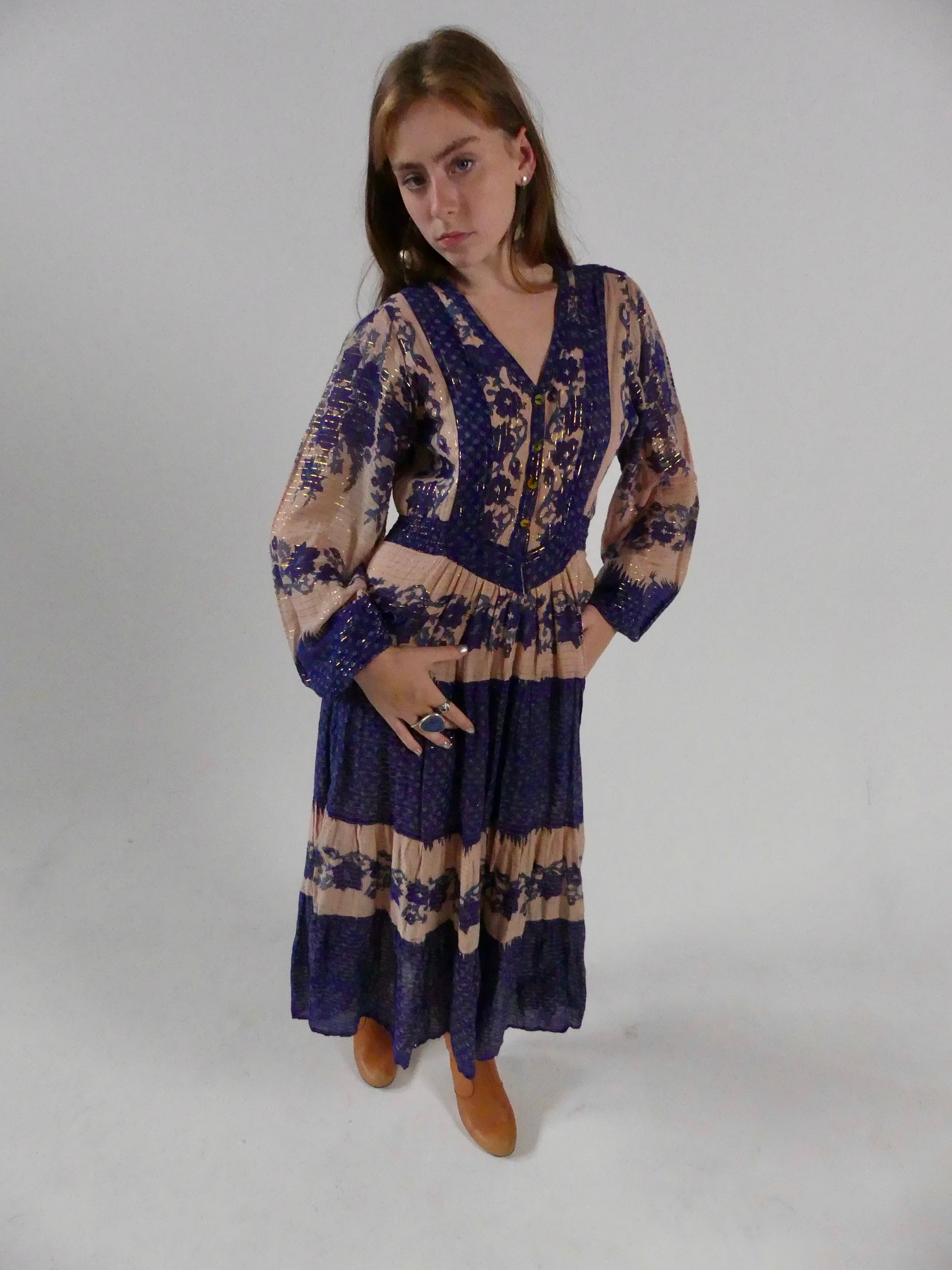 1970s Delft-Blue  and Gold Lurex Interlinks London Cotton Gauze Midi-Dress