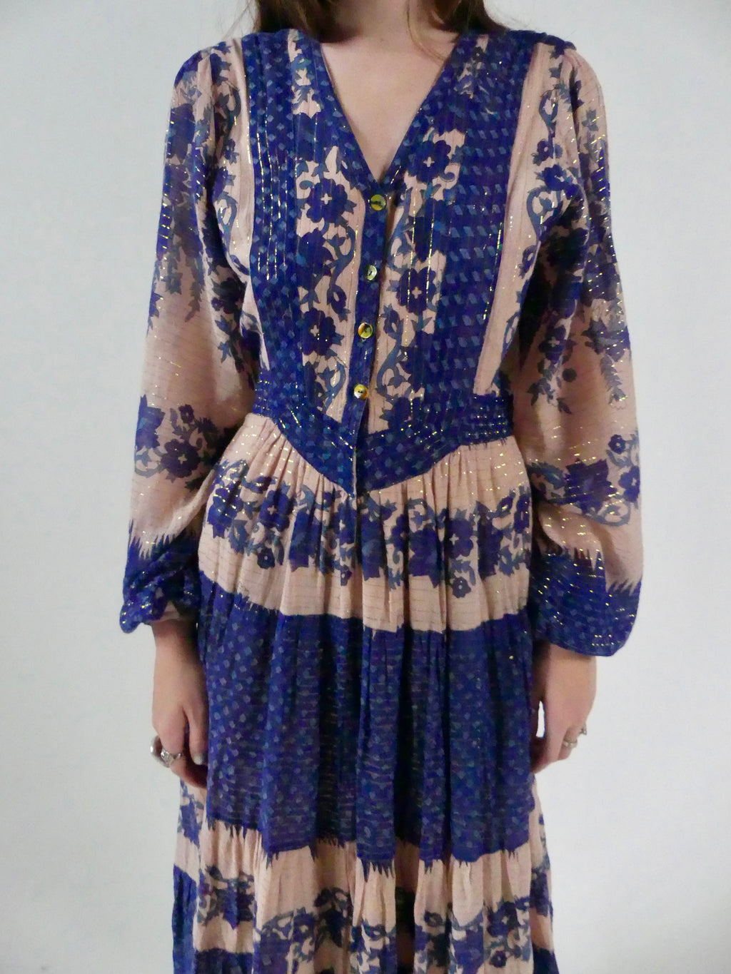 1970s Delft-Blue  and Gold Lurex Interlinks London Cotton Gauze Midi-Dress