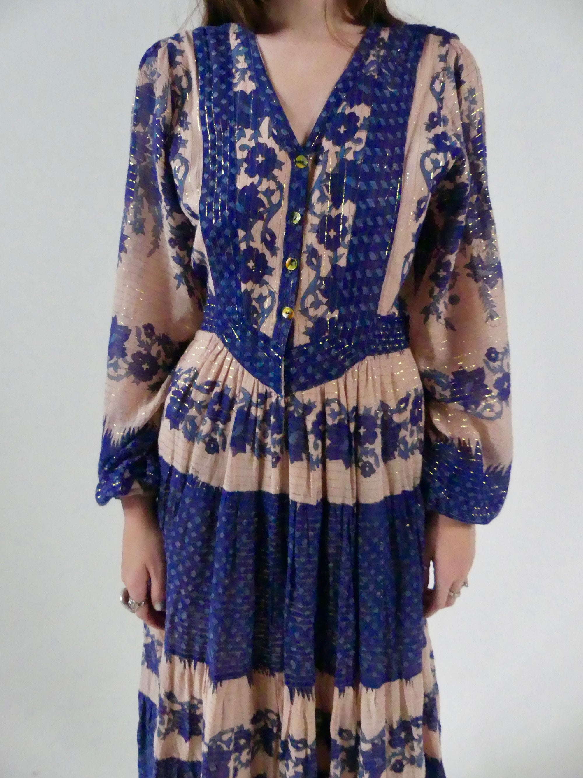 1970s Delft-Blue  and Gold Lurex Interlinks London Cotton Gauze Midi-Dress