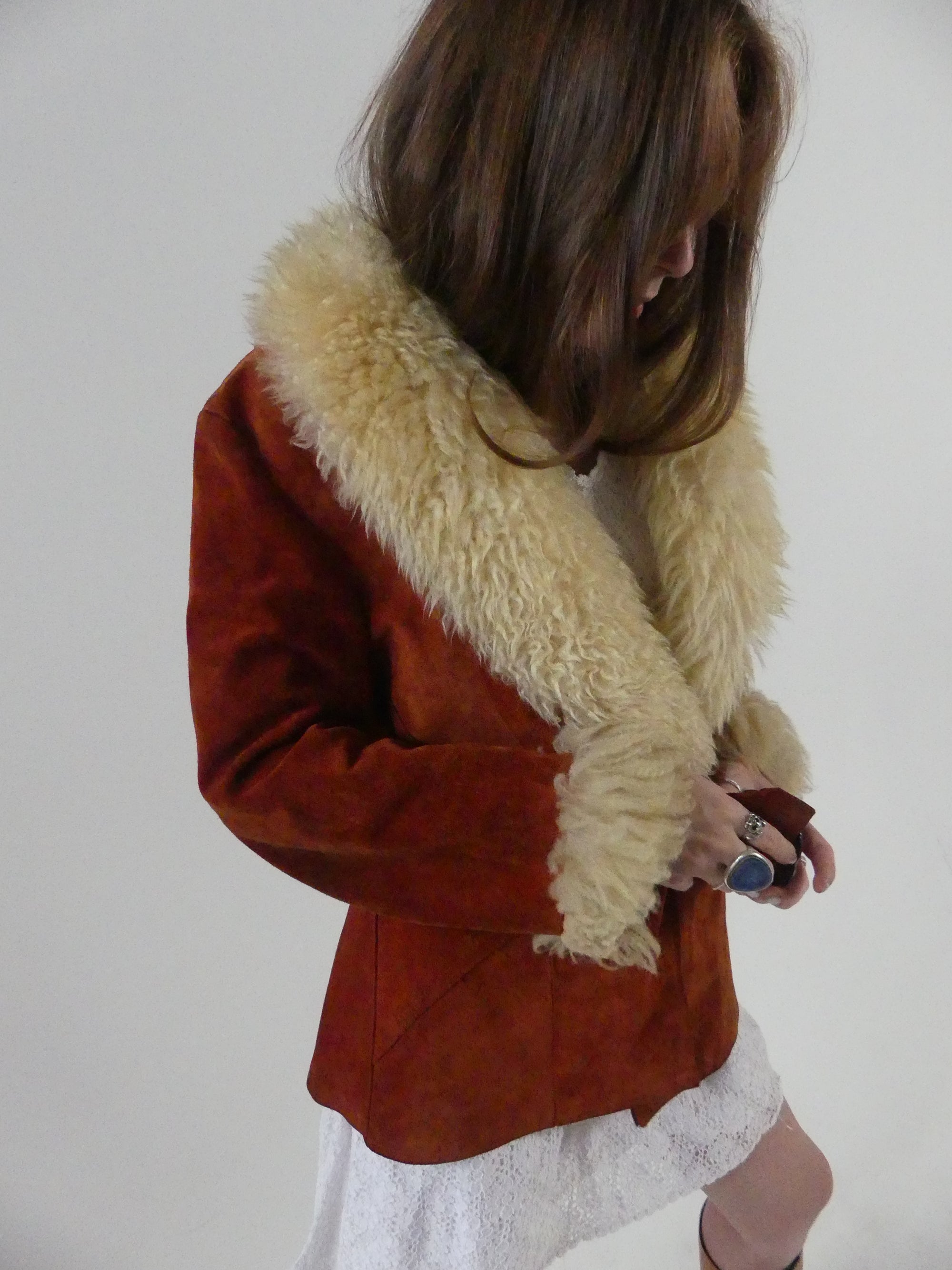 1970s Rust Suede Penny Lane Jacket with Sheepskin Trim