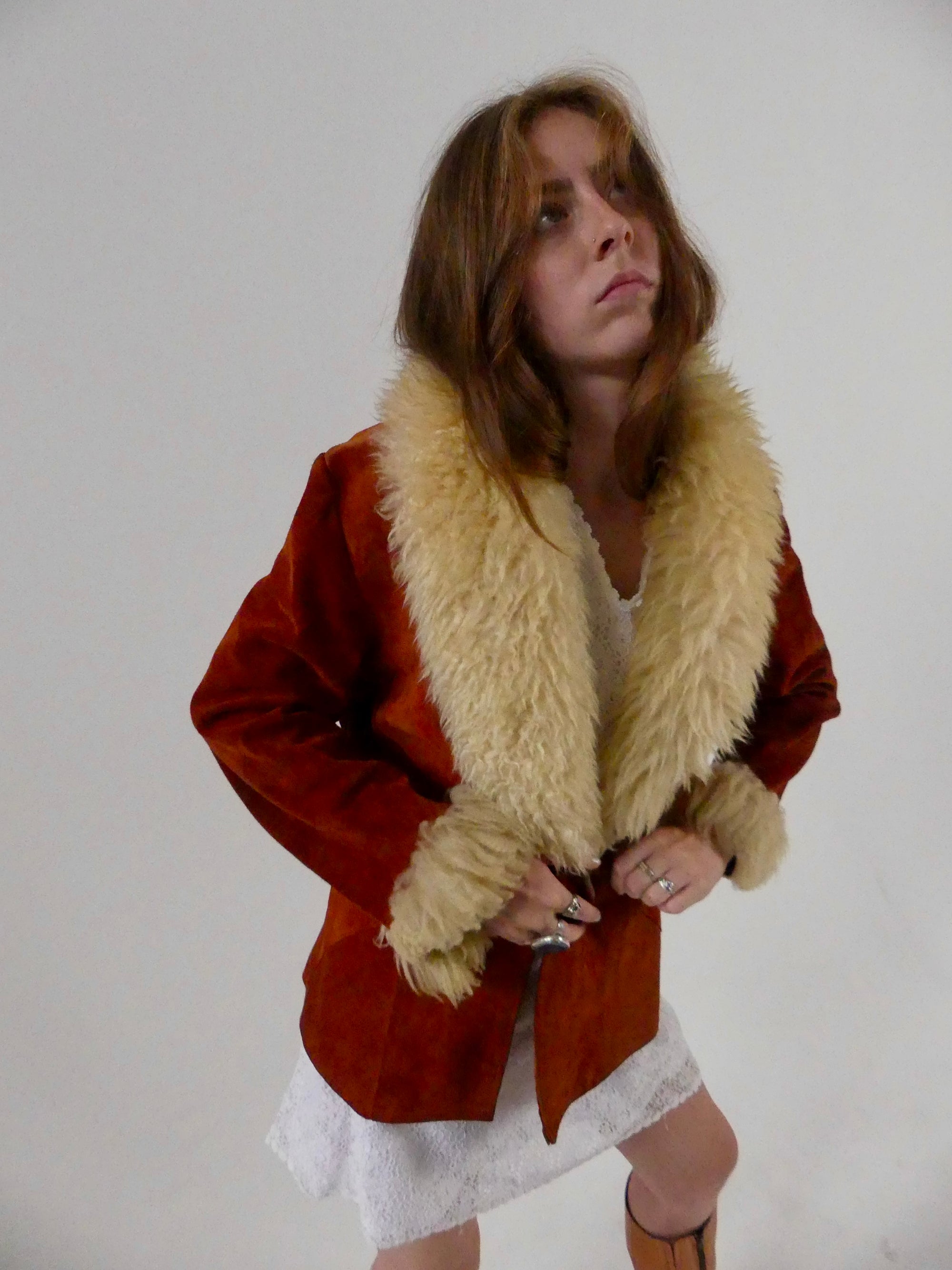 1970s Rust Suede Penny Lane Jacket with Sheepskin Trim