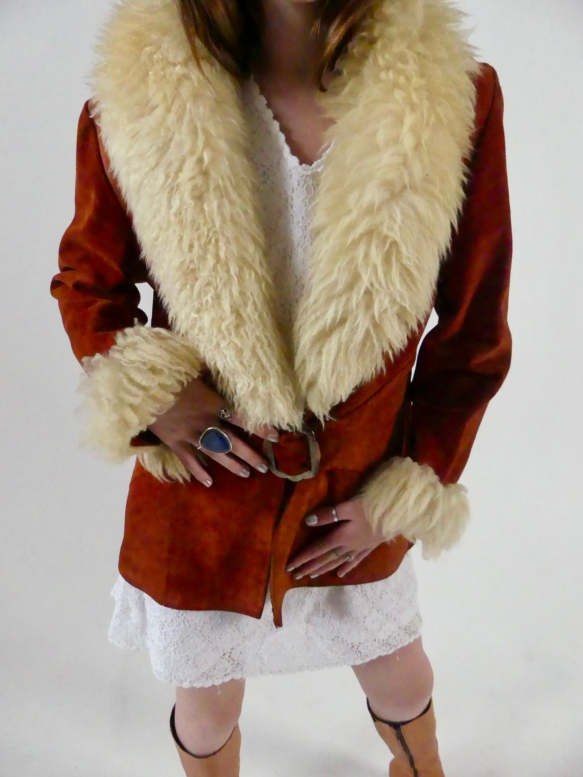 1970s Rust Suede Penny Lane Jacket with Sheepskin Trim