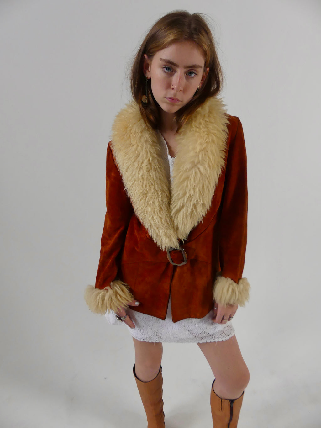 1970s Rust Suede Penny Lane Jacket with Sheepskin Trim