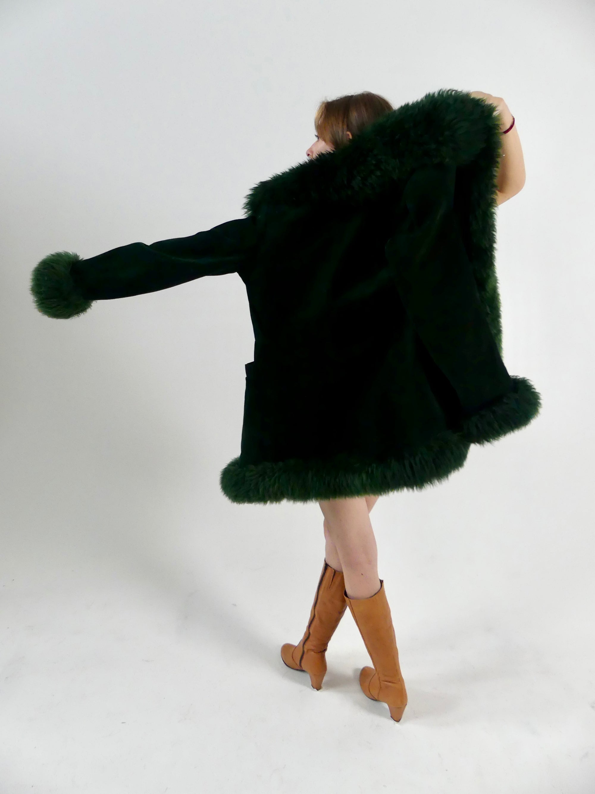 1970s Bottle Green Suede Penny Lane Coat with Sheepskin Trim