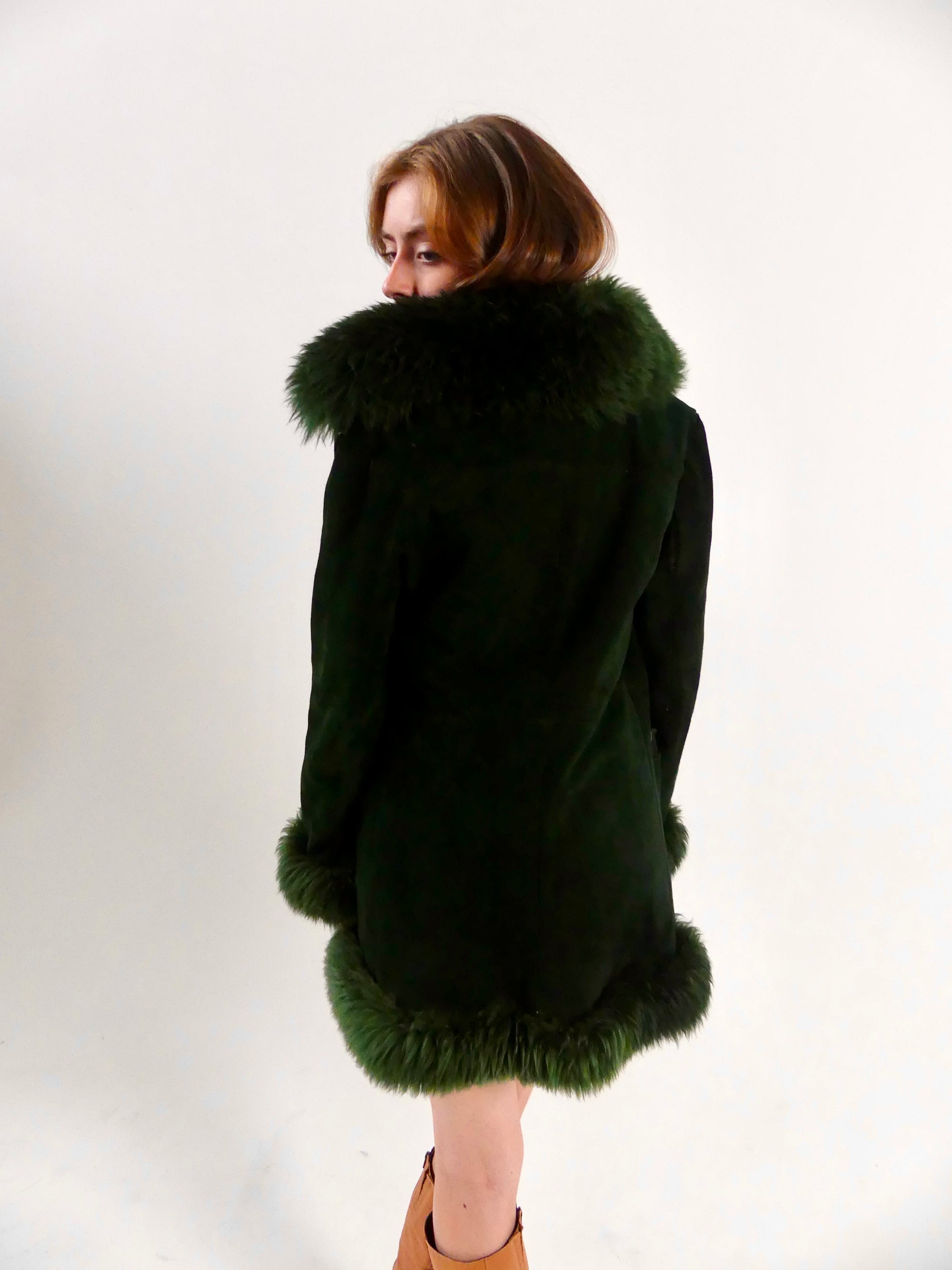 1970s Bottle Green Suede Penny Lane Coat with Sheepskin Trim