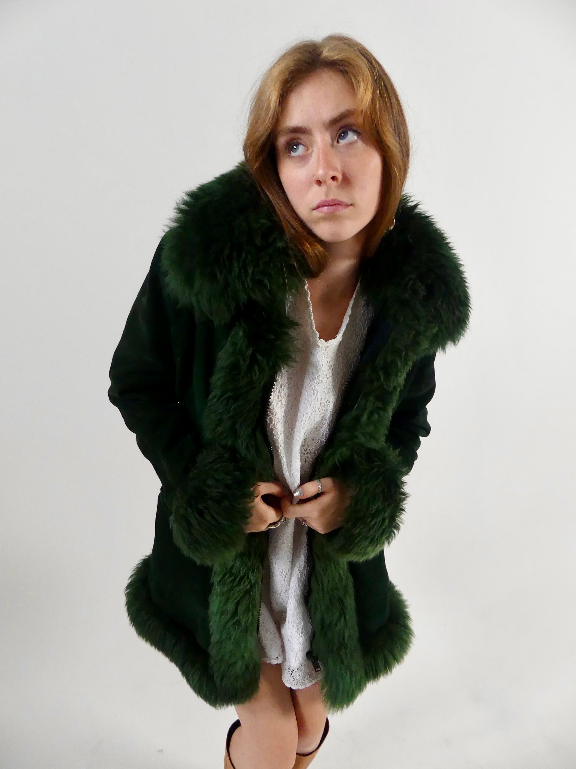 1970s Bottle Green Suede Penny Lane Coat with Sheepskin Trim