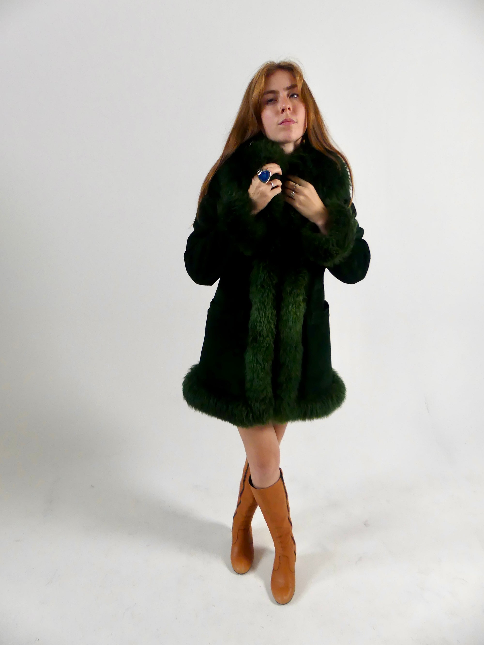 1970s Bottle Green Suede Penny Lane Coat with Sheepskin Trim