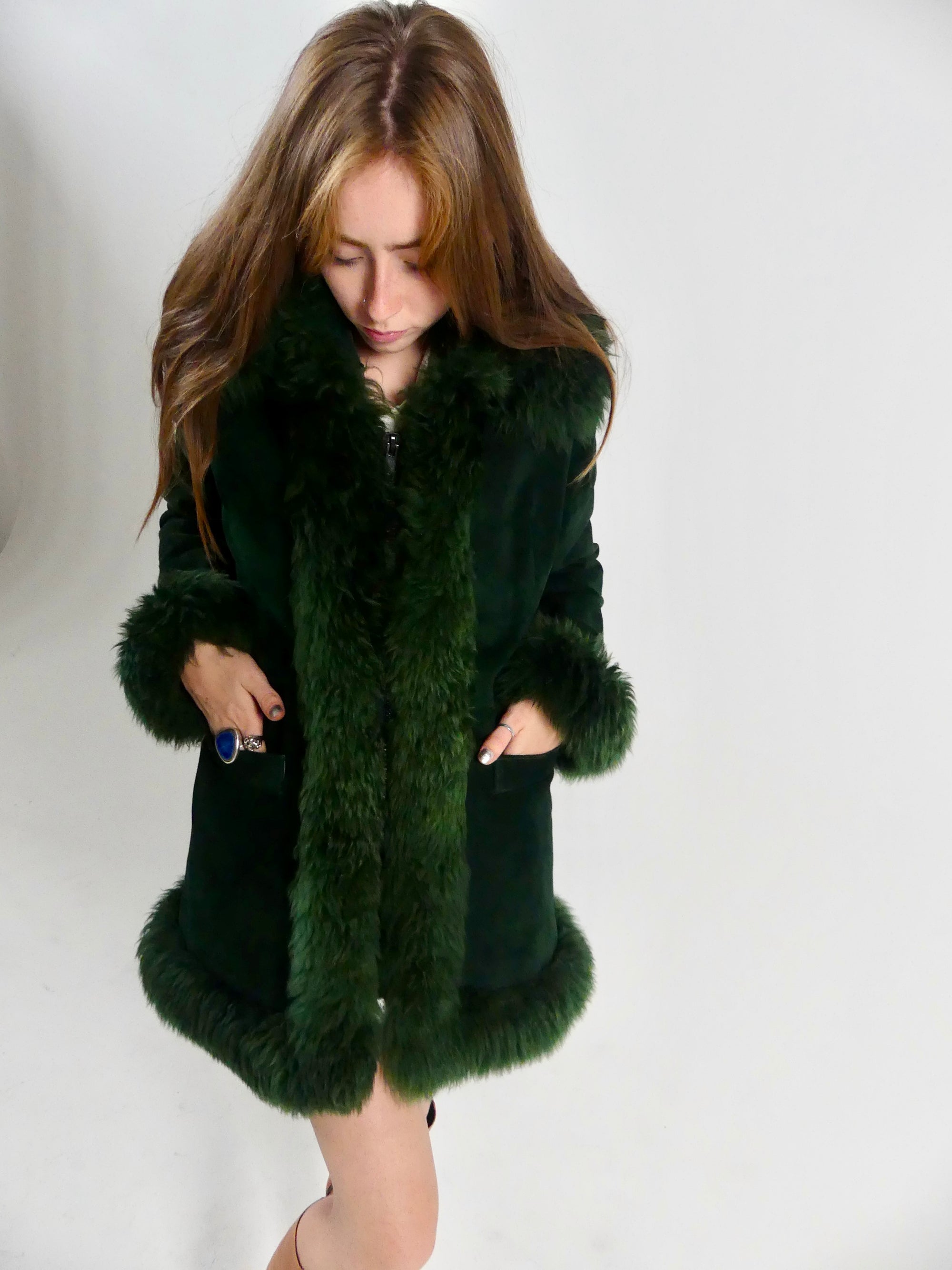 1970s Bottle Green Suede Penny Lane Coat with Sheepskin Trim