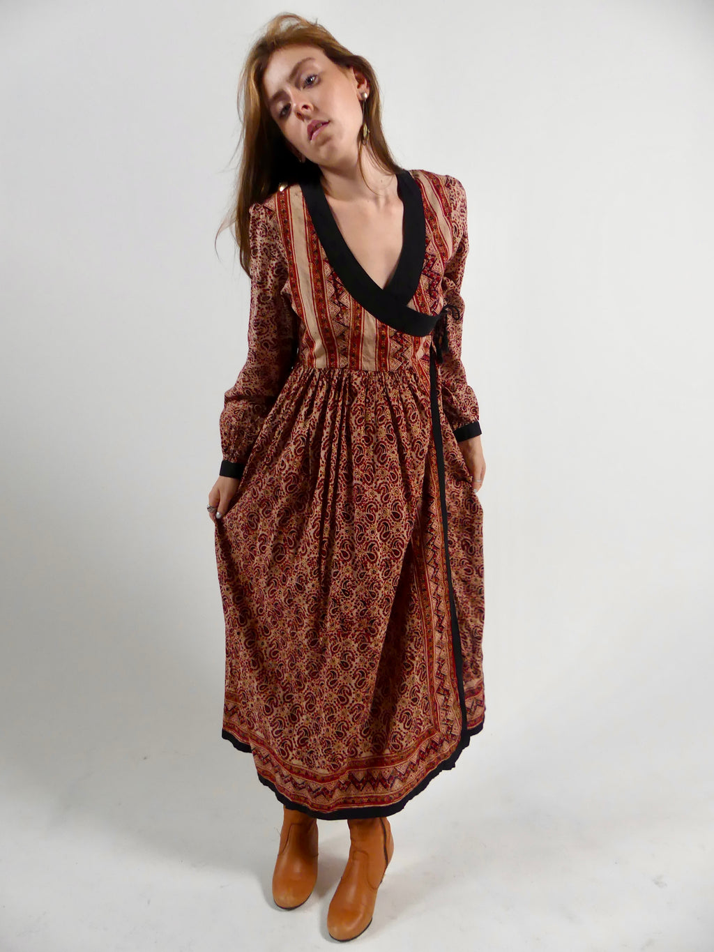 1970er Indisches Wickelkleid aus Baumwolle mit Blockprint  