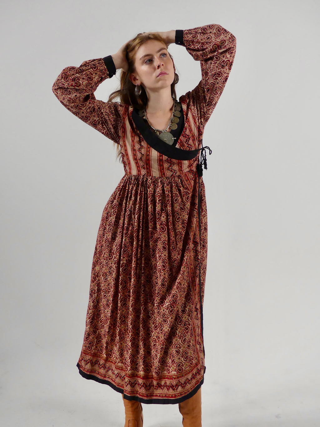 1970er Indisches Wickelkleid aus Baumwolle mit Blockprint  