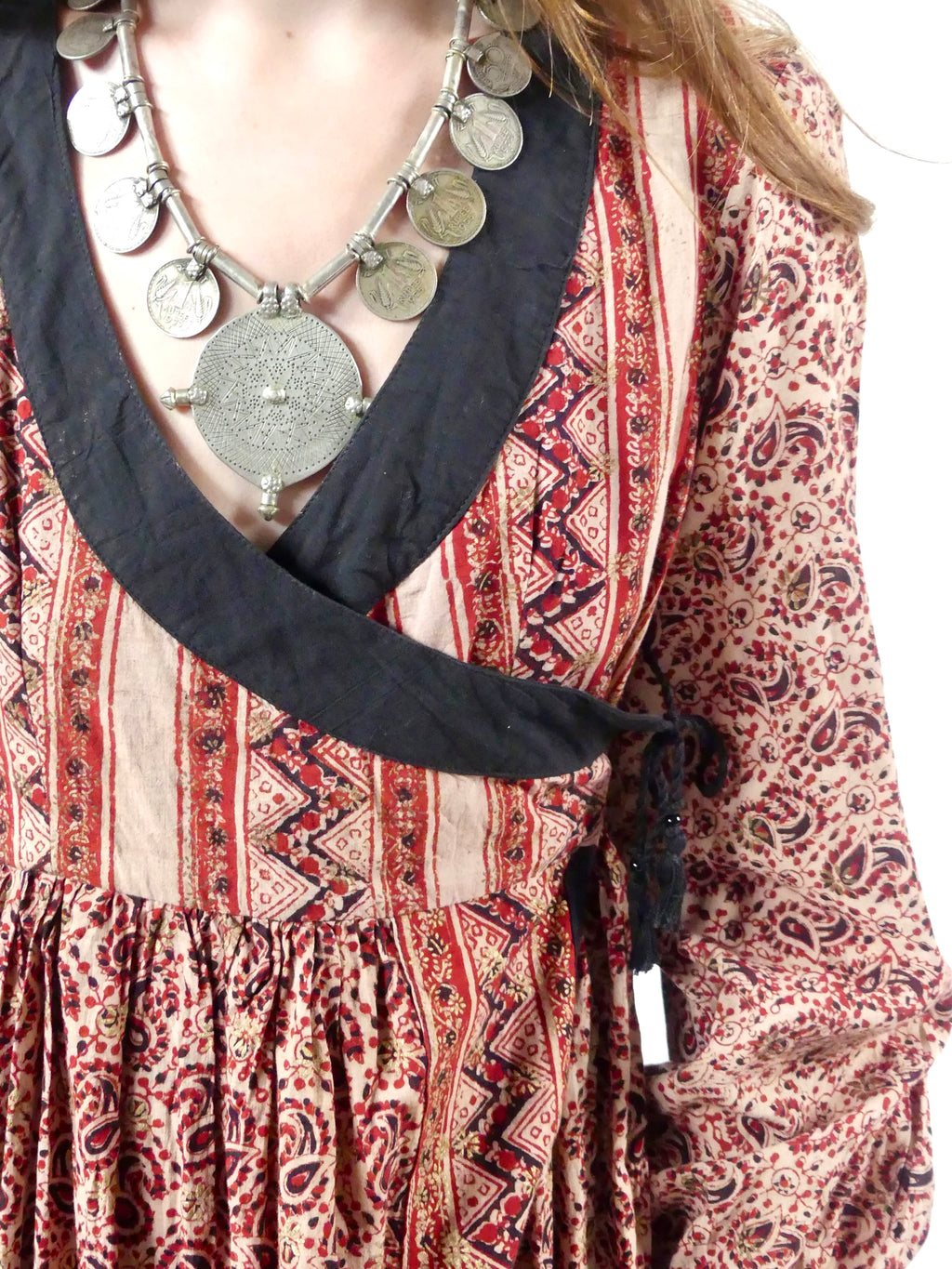 1970er Indisches Wickelkleid aus Baumwolle mit Blockprint  