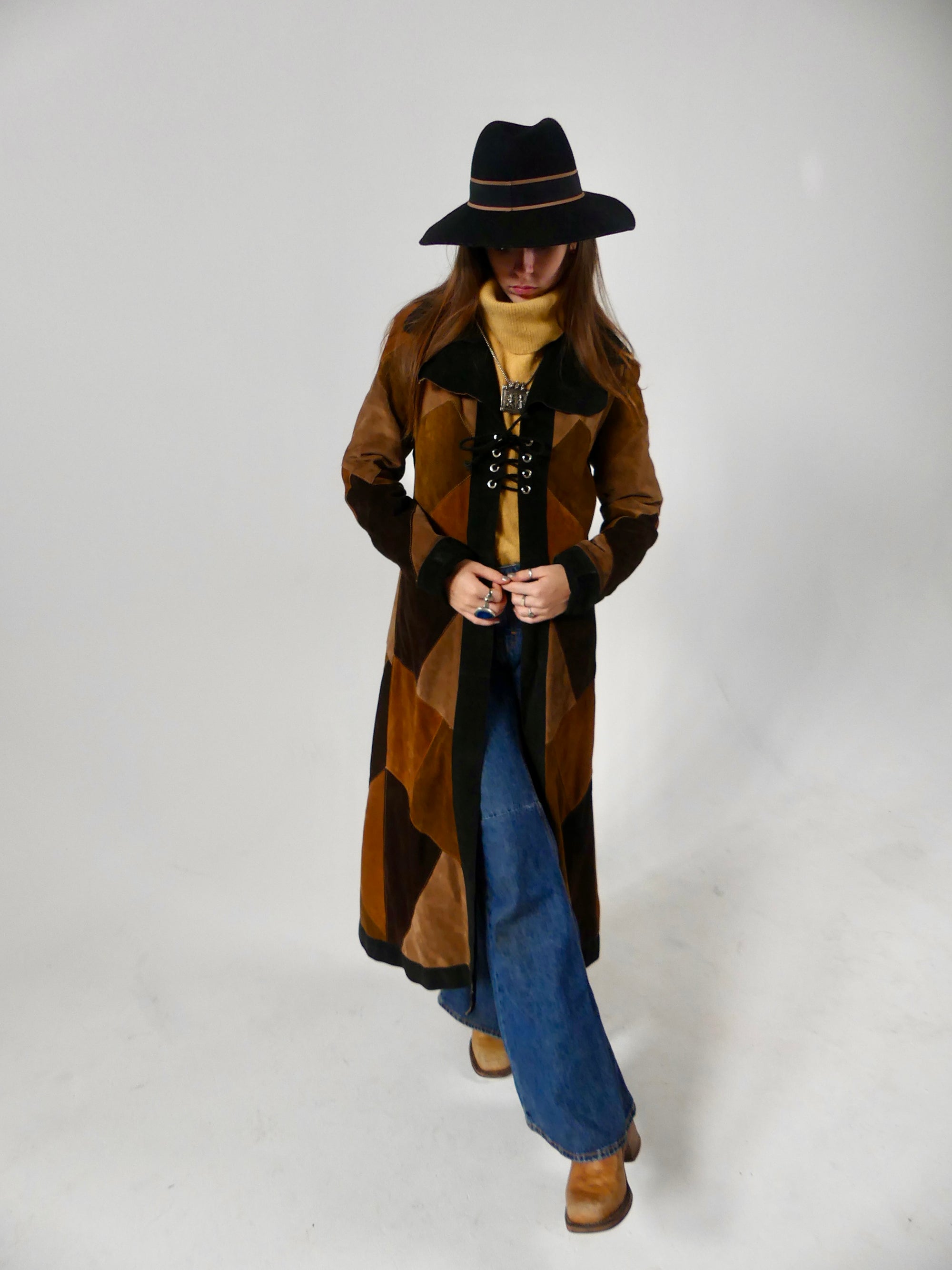 1970s Long Patchwork Suede Coat