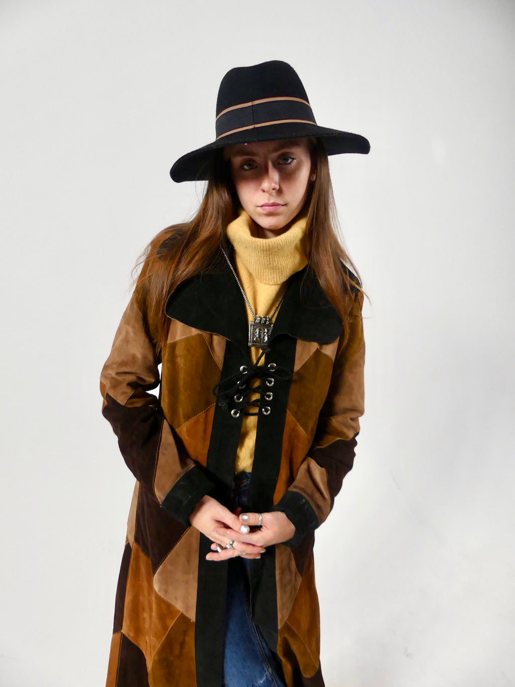 1970s Long Patchwork Suede Coat